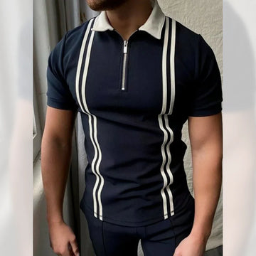 Emerce - Zipper Striped Polo Shirt - NAVY BLUE